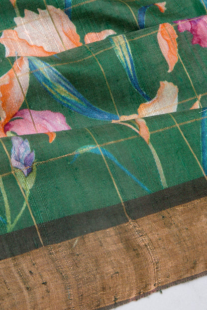 Tussar Floral Printed Green Saree