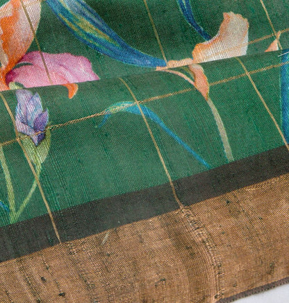 Tussar Floral Printed Green Saree