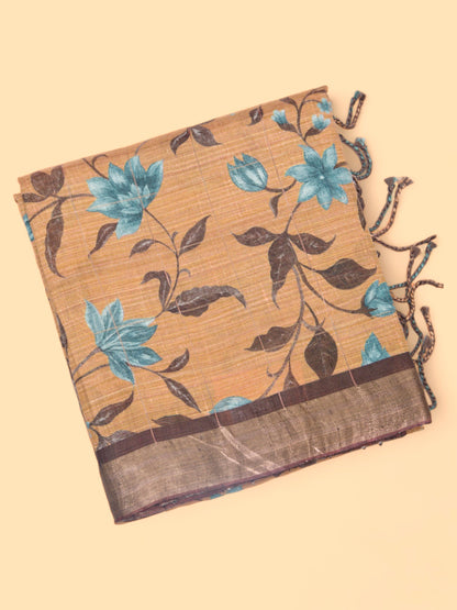 Tussar Floral Printed Beige Saree