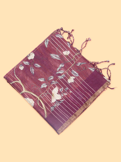 Tussar Floral Printed Purple Saree