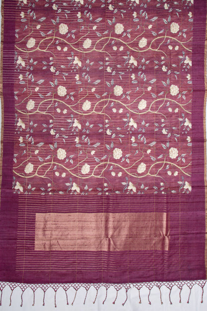 Tussar Floral Printed Purple Saree