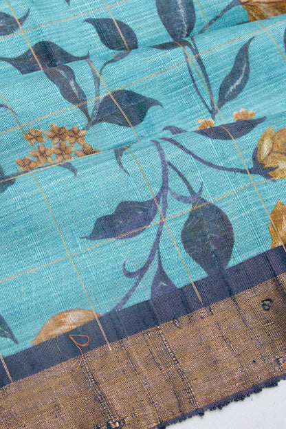 Tussar Floral Printed Sky Blue Saree
