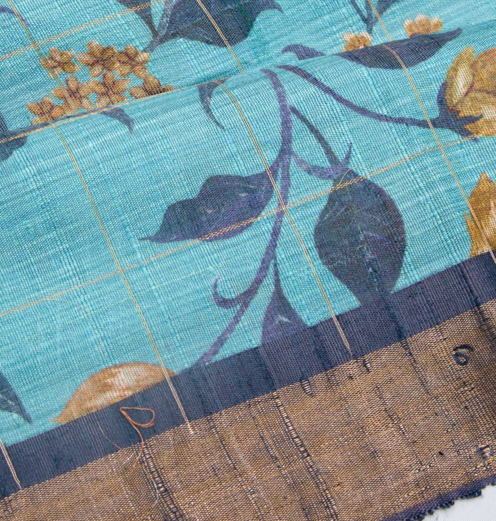 Tussar Floral Printed Sky Blue Saree