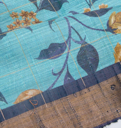Tussar Floral Printed Sky Blue Saree