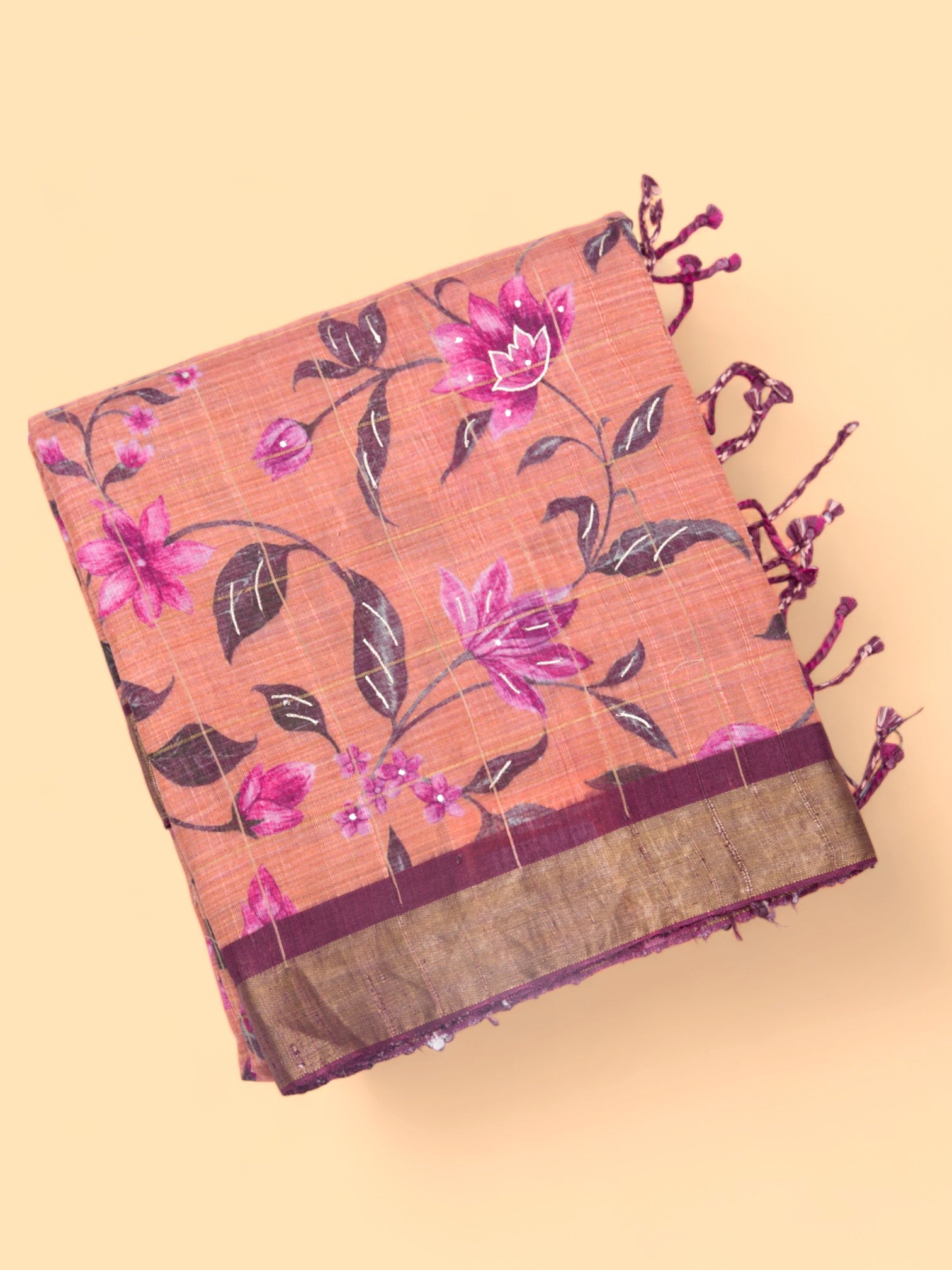 Tussar Floral Printed Peach Saree