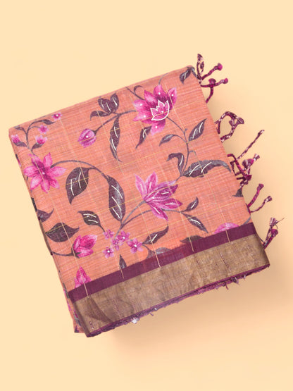 Tussar Floral Printed Peach Saree