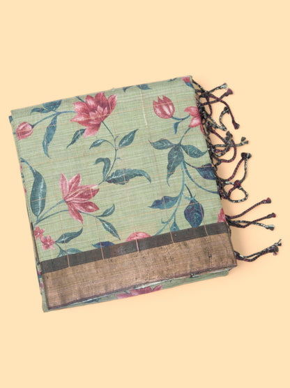 Tussar Floral Printed Pastel Green Saree