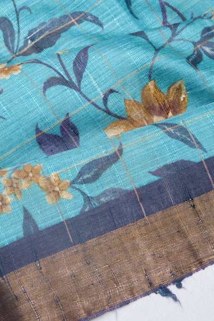Tussar Floral Printed Sky Blue Saree