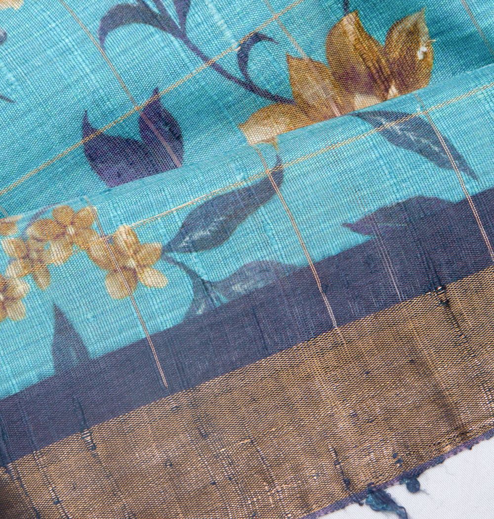 Tussar Floral Printed Sky Blue Saree