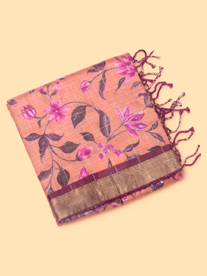 Tussar Floral Printed Peach Saree