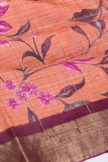 Tussar Floral Printed Peach Saree