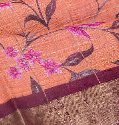 Tussar Floral Printed Peach Saree