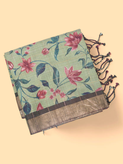 Tussar Floral Printed Pastel Green Saree