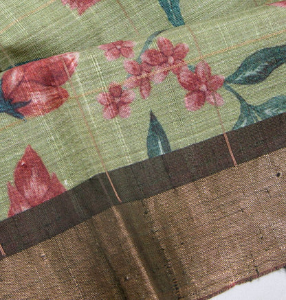 Tussar Floral Printed Pastel Green Saree