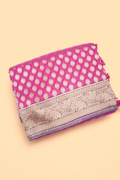 Banarasi Georgette Brocade Rani Pink Saree WIth Embroidery Border