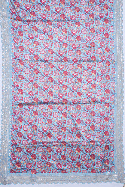 Satin Floral Printed Sky Blue Saree
