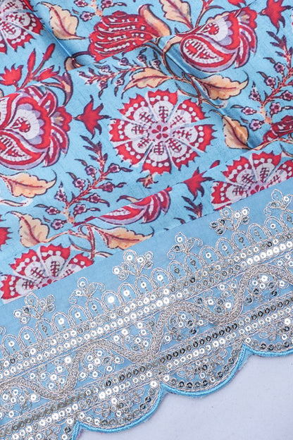 Satin Floral Printed Sky Blue Saree