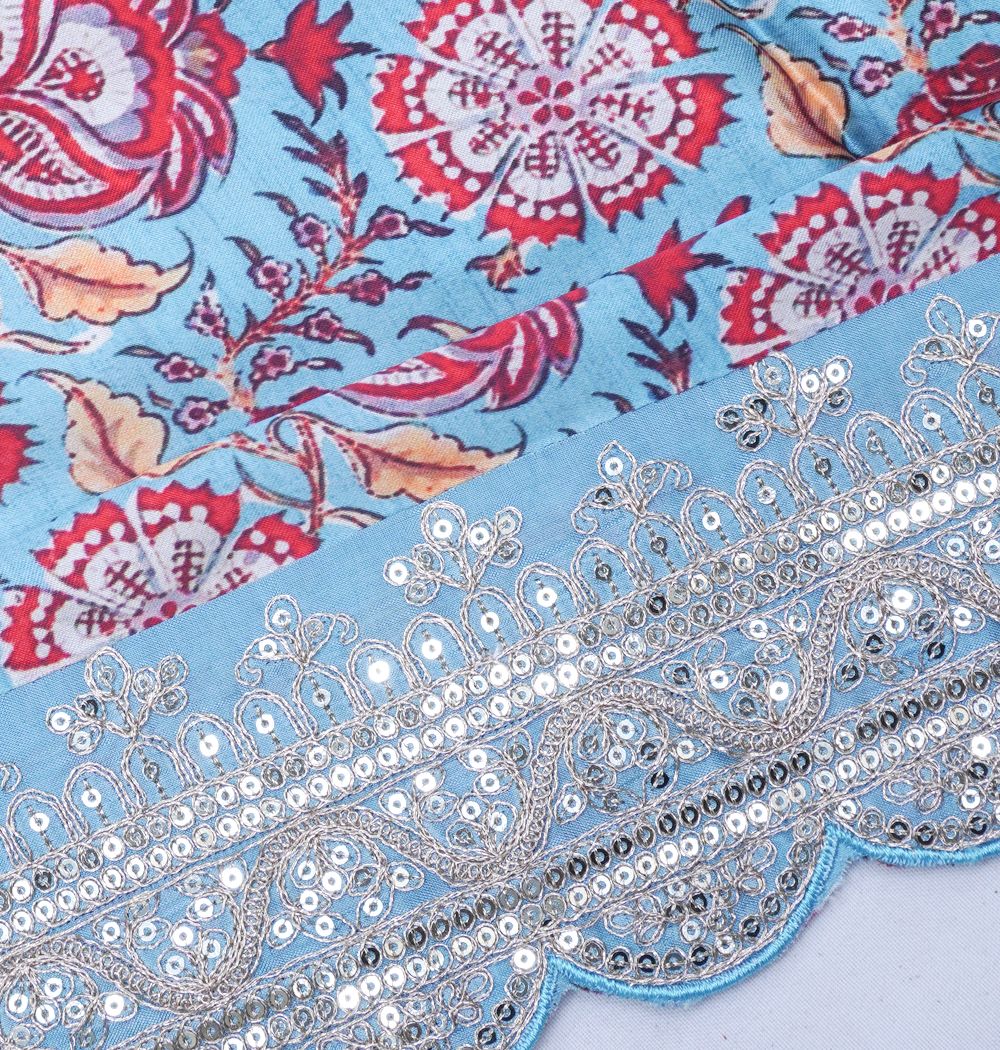 Satin Floral Printed Sky Blue Saree
