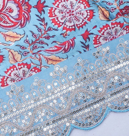 Satin Floral Printed Sky Blue Saree