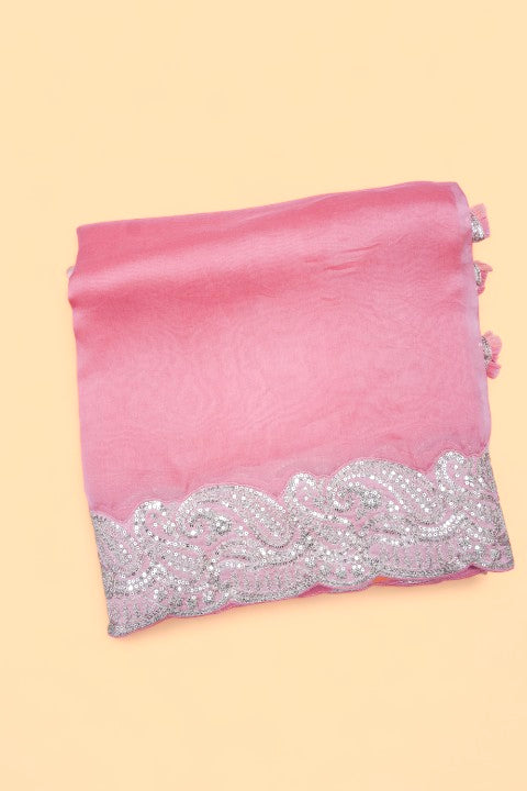 Organza Plain PInk Saree With Scallop Border