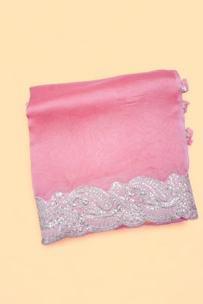 Organza Plain PInk Saree With Scallop Border