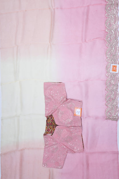 Organza Plain PInk Saree With Scallop Border