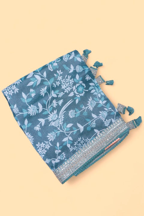 Organza Tissue Floral Printed Green Saree