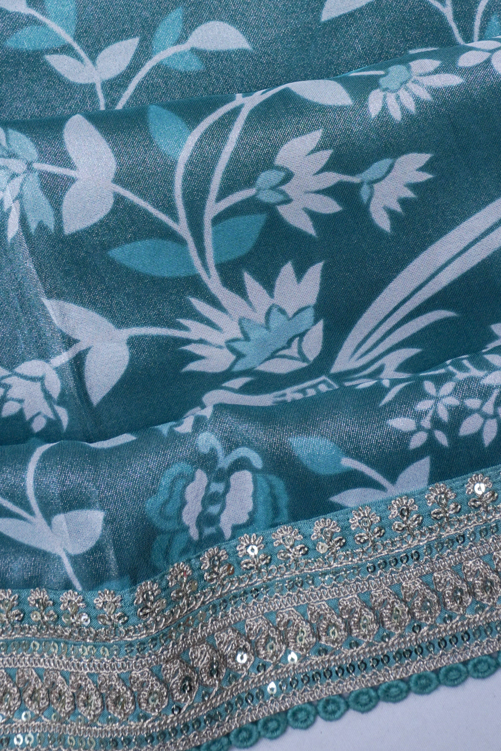 Organza Tissue Floral Printed Green Saree