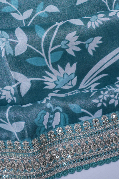 Organza Tissue Floral Printed Green Saree