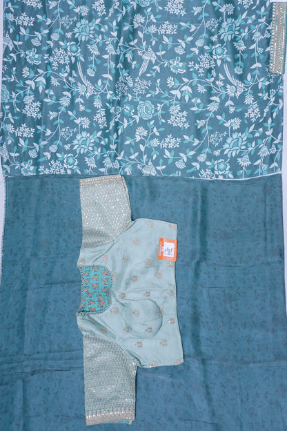 Organza Tissue Floral Printed Green Saree