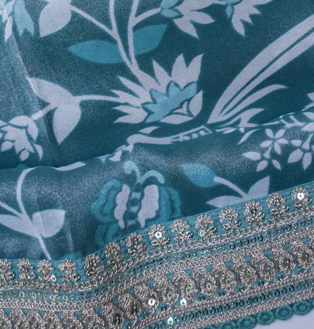 Organza Tissue Floral Printed Green Saree