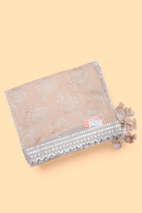 Net Cream Saree With Sequin Work