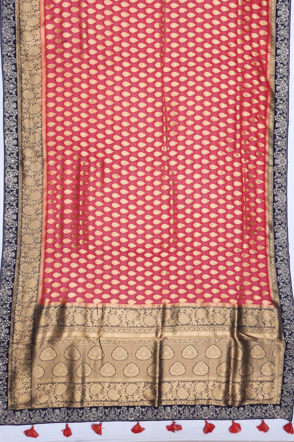 Banarasi Georgette Brocade Red Saree With Embroidery Border