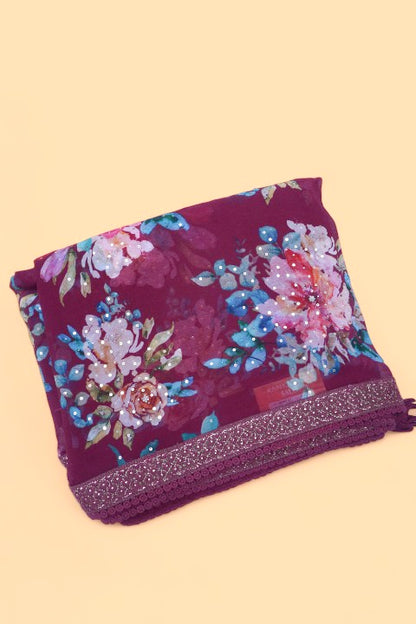 Chiffon Floral Printed Purple Saree With Sequin Work