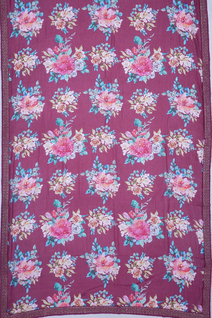 Chiffon Floral Printed Purple Saree With Sequin Work