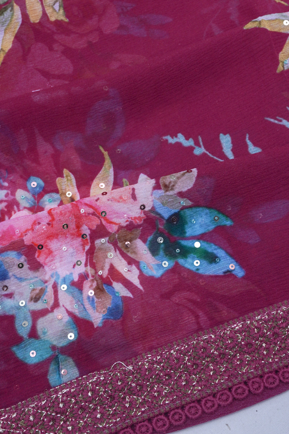 Chiffon Floral Printed Purple Saree With Sequin Work