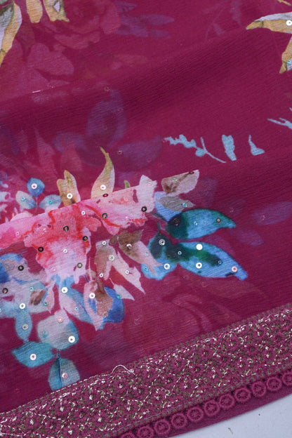 Chiffon Floral Printed Purple Saree With Sequin Work
