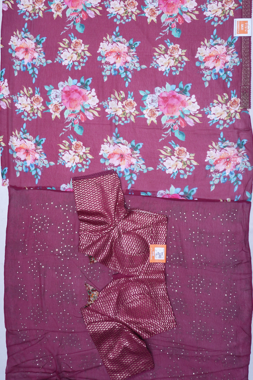 Chiffon Floral Printed Purple Saree With Sequin Work