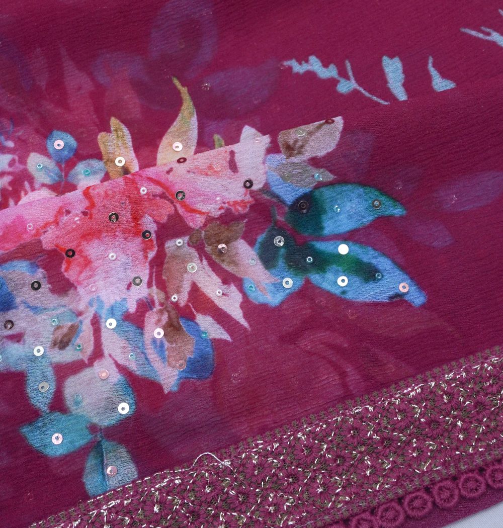 Chiffon Floral Printed Purple Saree With Sequin Work