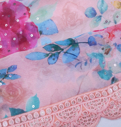 Chiffon Floral Printed Peach Saree