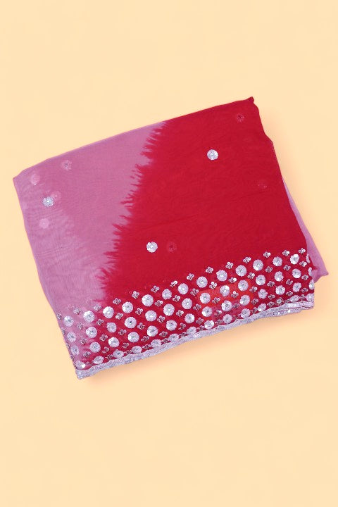 Organza Butta Pink And Red Saree With Sequin Work