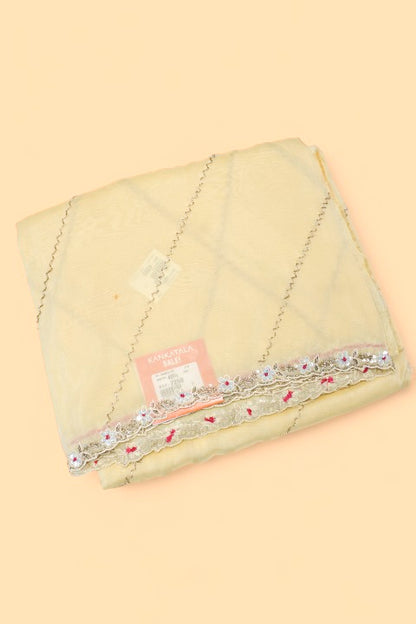 Organza Diagonal Lines Pastel Yellow Saree
