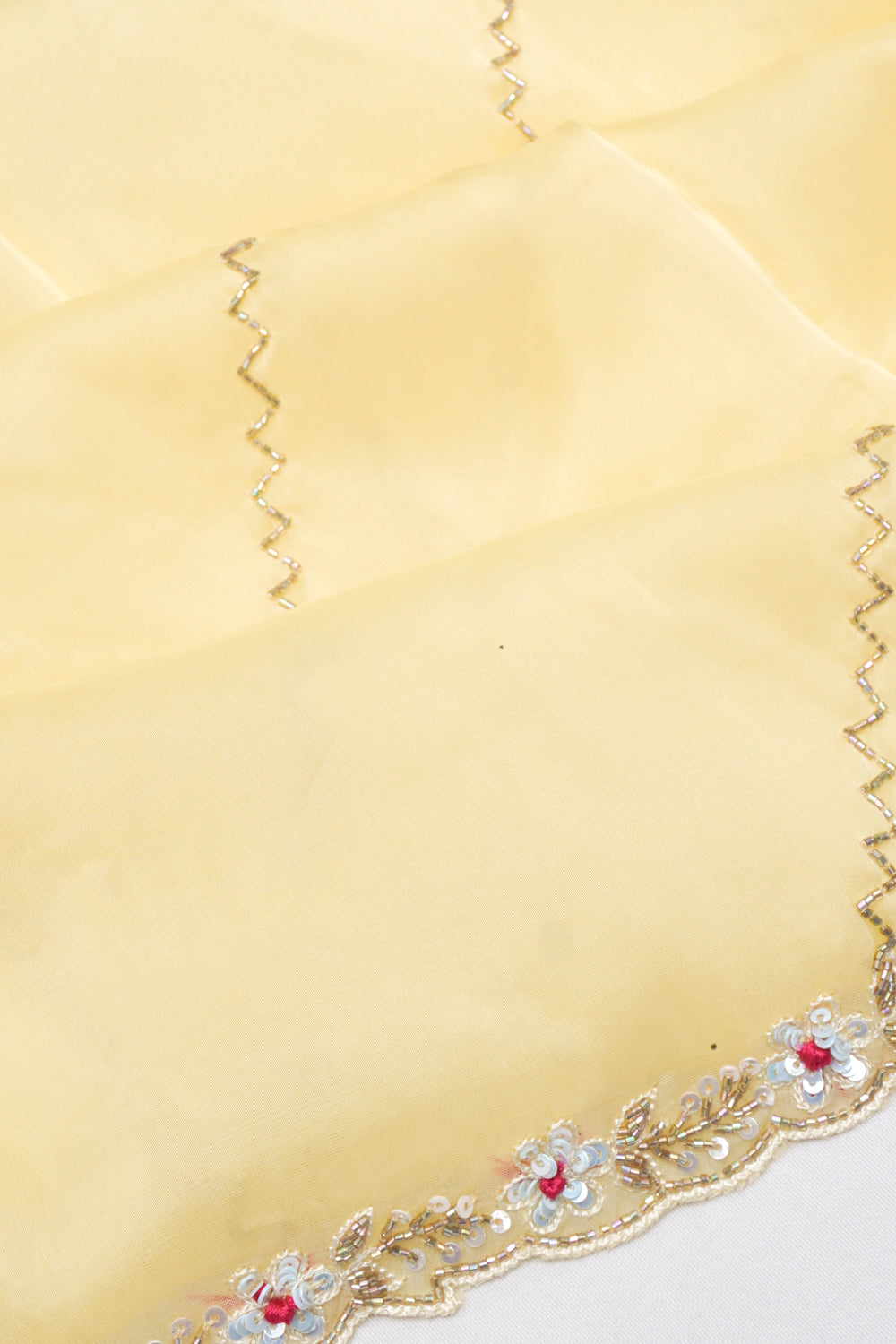 Organza Diagonal Lines Pastel Yellow Saree