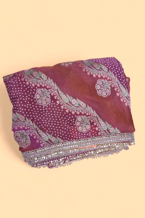 Georgette Brocade Pink And Brown Saree
