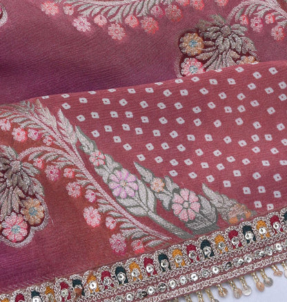 Georgette Brocade Pink And Brown Saree