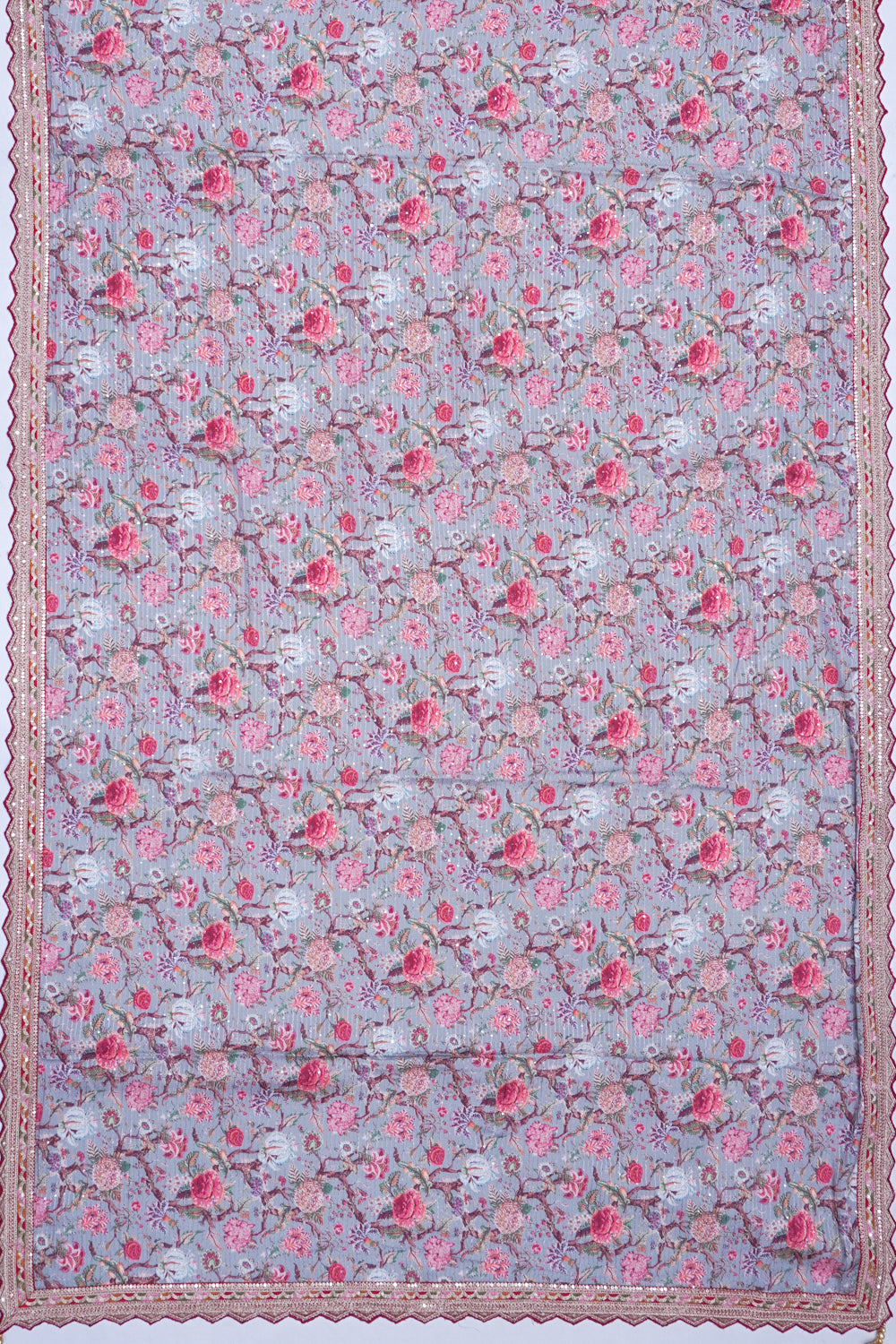 Georgette Horizontal Lines And Floral Printed Grey Saree WIth Scallop Border