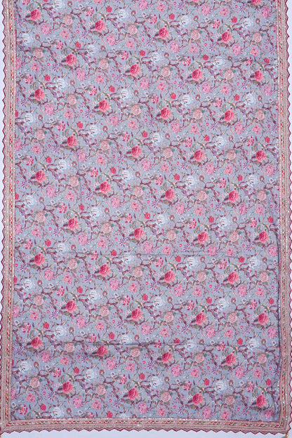 Georgette Horizontal Lines And Floral Printed Grey Saree WIth Scallop Border