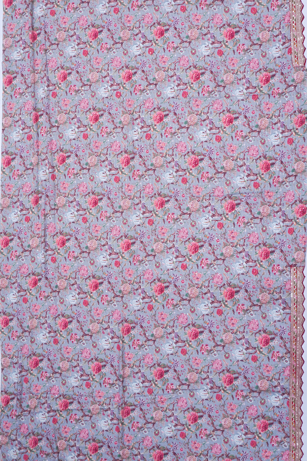Georgette Horizontal Lines And Floral Printed Grey Saree WIth Scallop Border