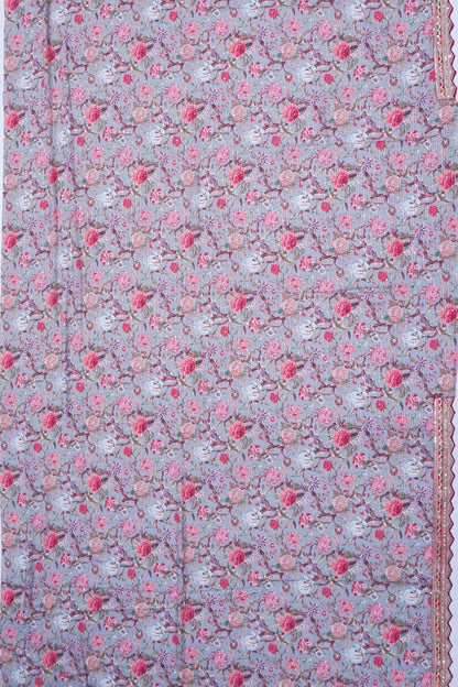 Georgette Horizontal Lines And Floral Printed Grey Saree WIth Scallop Border