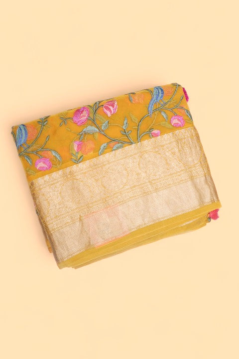 Organza Floral Embroidery Mustard Yellow Saree
